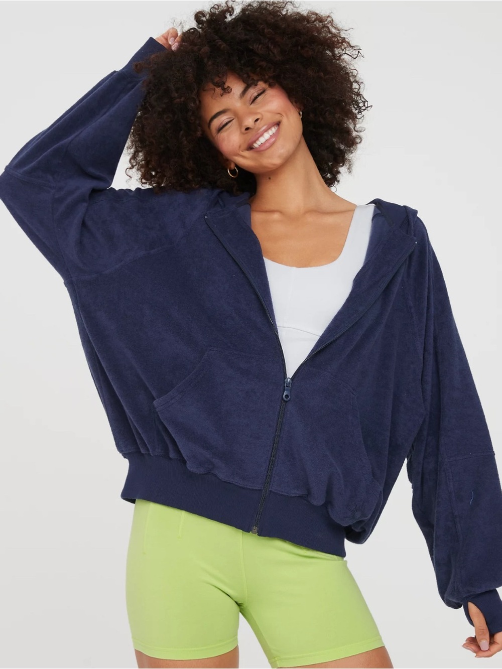 42) Offline By Aerie Navy Blue Summer Lights Terry Full Zip Sweatshirt